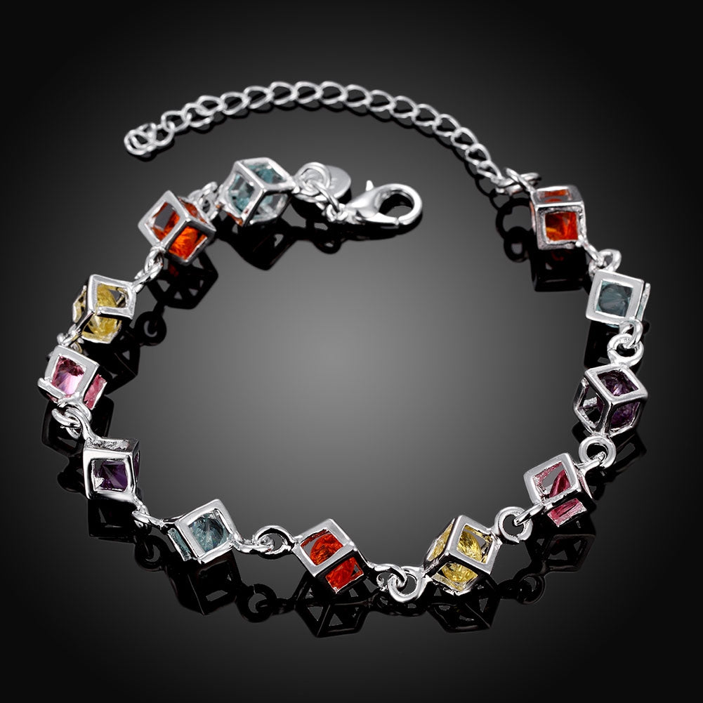 Rainbow Rubix Cube Swarovski Elements Bracelet in 18K White Gold