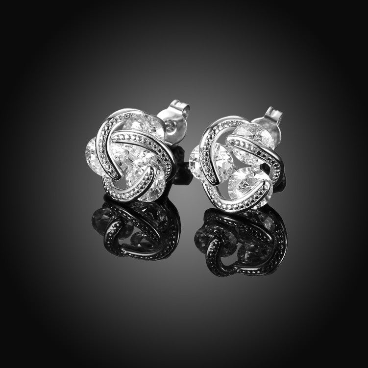 Austrian Crystal Mesh Knot Earrings Set in 18K White Gold - Golden NYC Jewelry