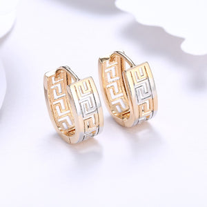 Greek Medallion Duo Toned Huggie Hoop Earrings Set in 18K White Gold - Golden NYC Jewelry