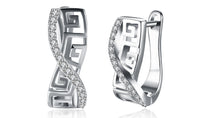 14K White Gold Plated Austrian Elements Pav'e Greek Key Design Pav'e Curved Hinge Earrings