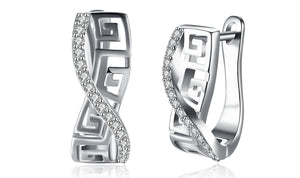 14K White Gold Plated Austrian Elements Pav'e Greek Key Design Pav'e Curved Hinge Earrings