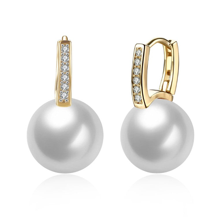 Micro-Pave Swarovski Crystal Curved Pearl Huggie Earrings Set in 18K Gold - Golden NYC Jewelry