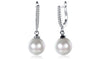White Austrian Elements Thin Dangling Freshwater Pearl Clip On Earrings in 14K White Gold Plating
