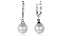 White Austrian Elements Thin Dangling Freshwater Pearl Clip On Earrings in 14K White Gold Plating