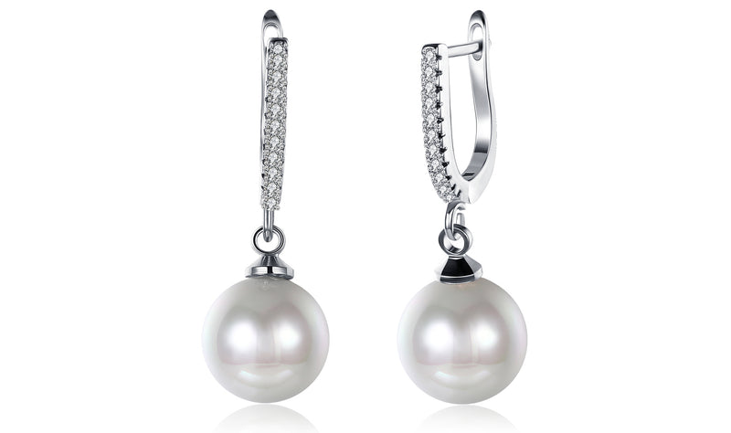 White Austrian Elements Thin Dangling Freshwater Pearl Clip On Earrings in 14K White Gold Plating