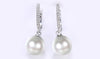 White Austrian Elements Thin Dangling Freshwater Pearl Clip On Earrings in 14K White Gold Plating