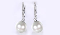 White Austrian Elements Thin Dangling Freshwater Pearl Clip On Earrings in 14K White Gold Plating