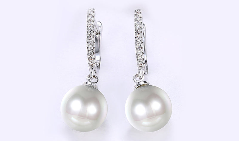White Austrian Elements Thin Dangling Freshwater Pearl Clip On Earrings in 14K White Gold Plating