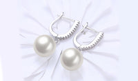 White Austrian Elements Thin Dangling Freshwater Pearl Clip On Earrings in 14K White Gold Plating
