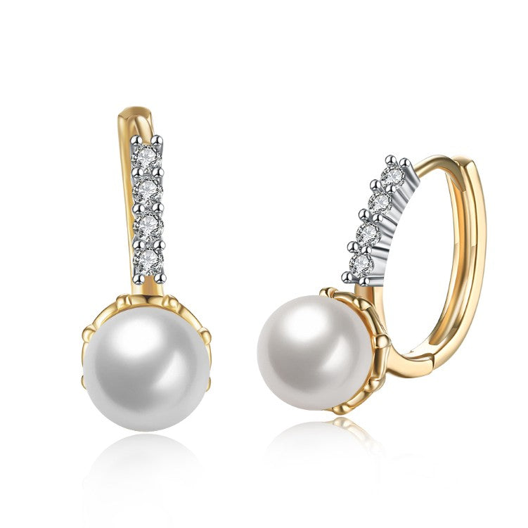 Austrian Crystal Curved Pav'e Pearl Huggie Earrings Set in 18K Gold - Golden NYC Jewelry