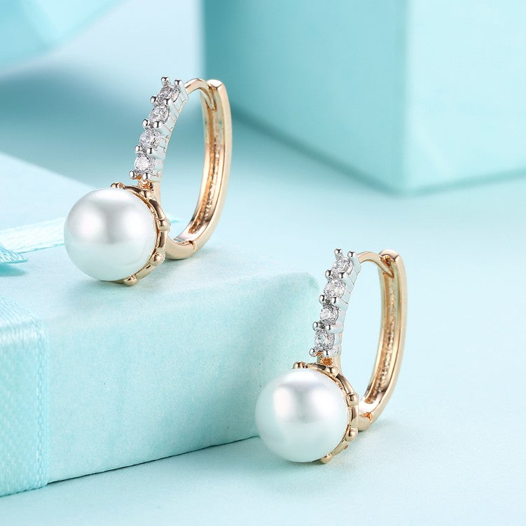 Austrian Crystal Curved Pav'e Pearl Huggie Earrings Set in 18K Gold - Golden NYC Jewelry