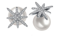 Freshwater Pearl Austrian Elements Pav'e Starburst Studs in 14K White Gold Plating