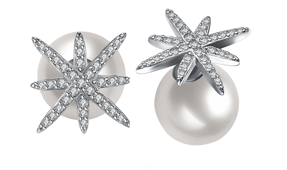 Freshwater Pearl Austrian Elements Pav'e Starburst Studs in 14K White Gold Plating