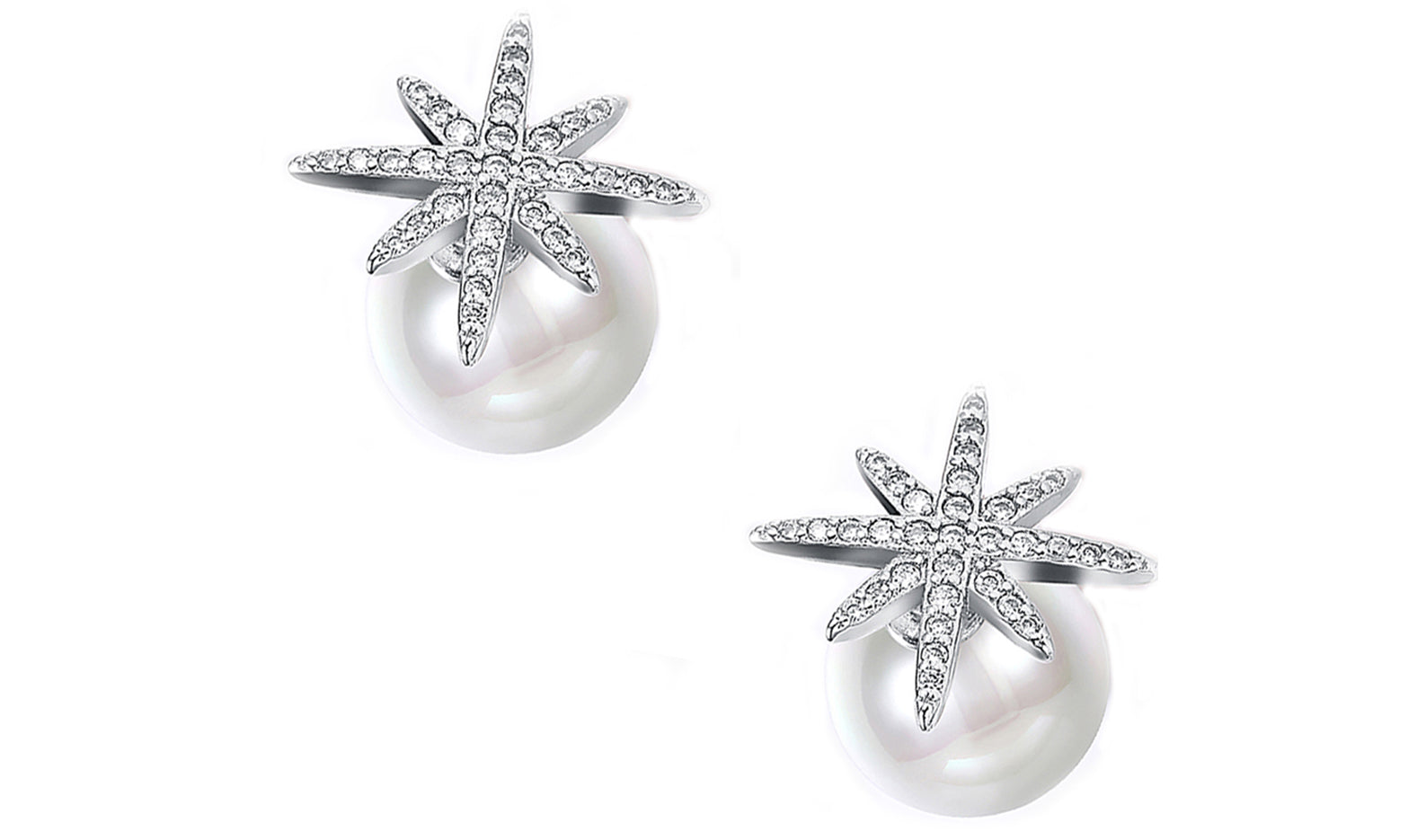 Freshwater Pearl Austrian Elements Pav'e Starburst Studs in 14K White Gold Plating