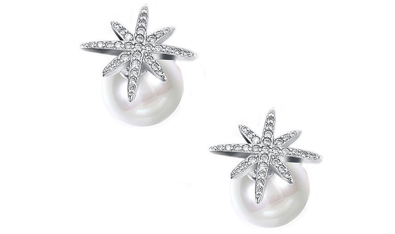Freshwater Pearl Austrian Elements Pav'e Starburst Studs in 14K White Gold Plating