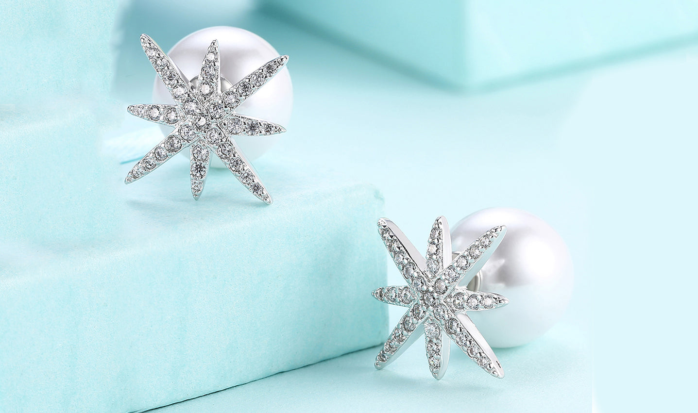Freshwater Pearl Austrian Elements Pav'e Starburst Studs in 14K White Gold Plating