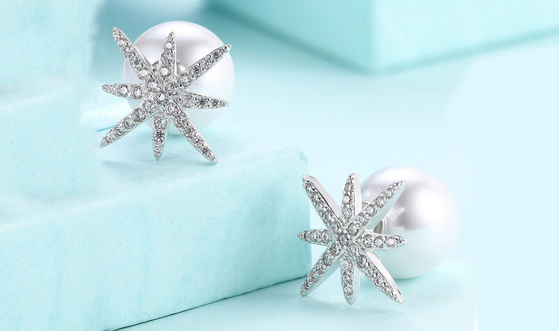 Freshwater Pearl Austrian Elements Pav'e Starburst Studs in 14K White Gold Plating
