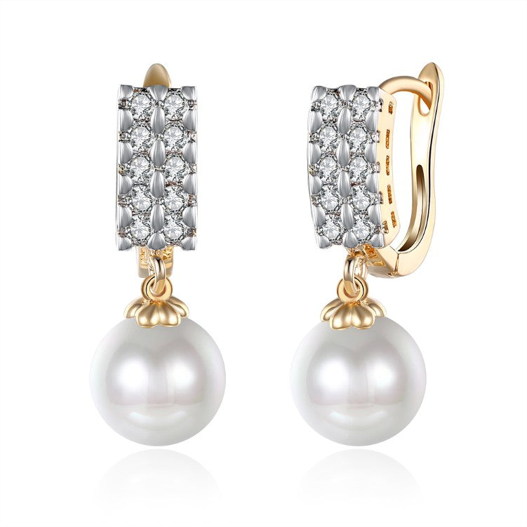 Austrian Crystal Square Shaped Pearl Leverback Earrings Set in 18K Gold - Golden NYC Jewelry