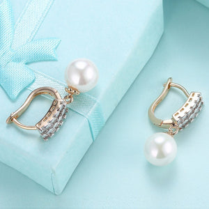 Austrian Crystal Square Shaped Pearl Leverback Earrings Set in 18K Gold - Golden NYC Jewelry