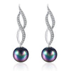 Micro Pav'e Simulated Dimaond Curved Inception Akoya Pearl Dangling Earrings Set in 18K White Gold - Golden NYC Jewelry