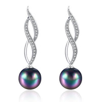 Micro Pav'e Simulated Dimaond Curved Inception Akoya Pearl Dangling Earrings Set in 18K White Gold - Golden NYC Jewelry