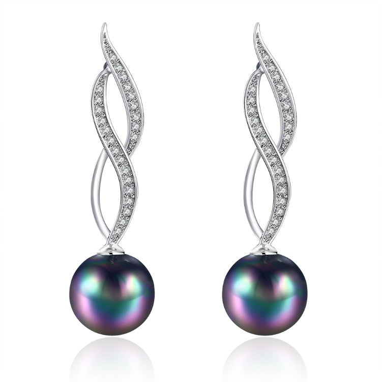 Micro Pav'e Simulated Dimaond Curved Inception Akoya Pearl Dangling Earrings Set in 18K White Gold - Golden NYC Jewelry