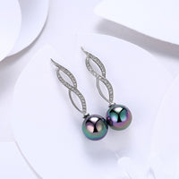 Micro Pav'e Simulated Dimaond Curved Inception Akoya Pearl Dangling Earrings Set in 18K White Gold - Golden NYC Jewelry