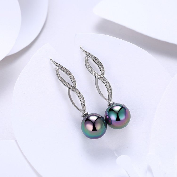 Micro Pav'e Simulated Dimaond Curved Inception Akoya Pearl Dangling Earrings Set in 18K White Gold - Golden NYC Jewelry