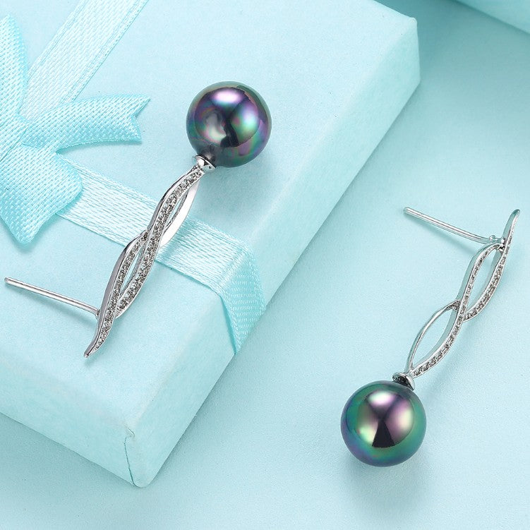 Micro Pav'e Simulated Dimaond Curved Inception Akoya Pearl Dangling Earrings Set in 18K White Gold - Golden NYC Jewelry