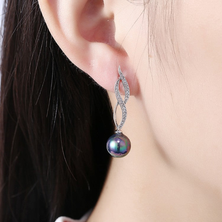 Micro Pav'e Simulated Dimaond Curved Inception Akoya Pearl Dangling Earrings Set in 18K White Gold - Golden NYC Jewelry