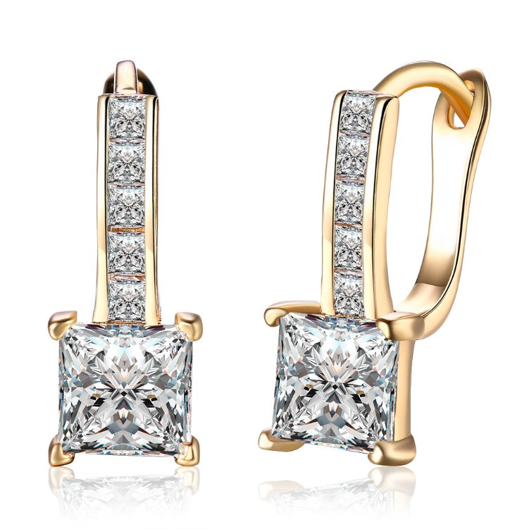 Micro Pave Swarovski Crystal Princess Cut Leverback Earrings Set in 18K Gold - Golden NYC Jewelry