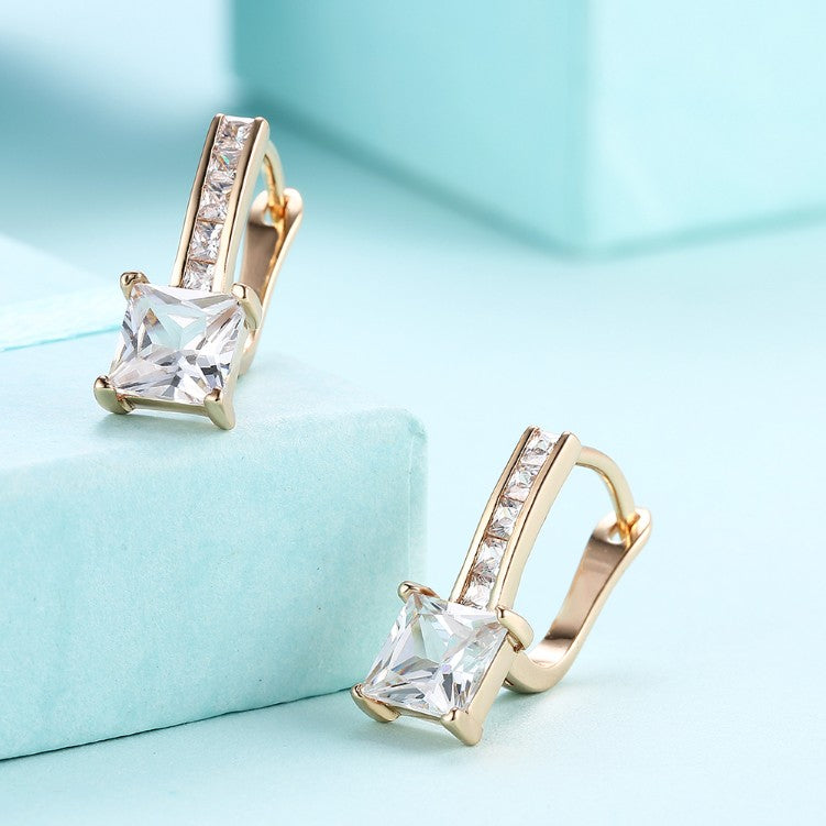 Micro Pav'e Austrian Crystal Princess Cut Leverback Earrings Set in 18K Gold - Golden NYC Jewelry