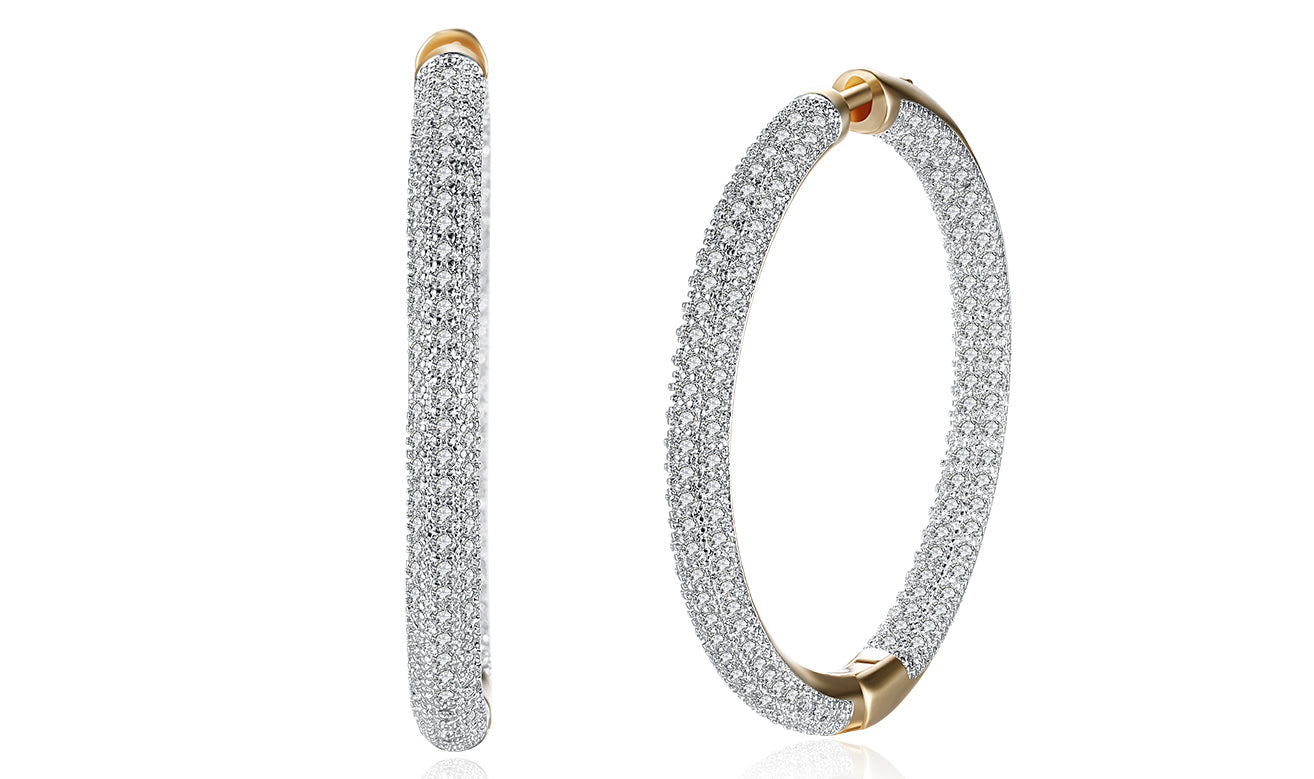 14K Gold Plating London Inspired Elements Pav'e Circular Hoop Earrings- Two Options