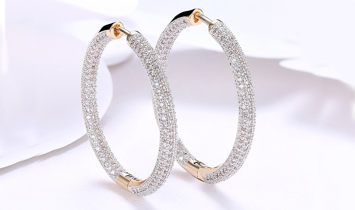 14K Gold Plating London Inspired Elements Pav'e Circular Hoop Earrings- Two Options