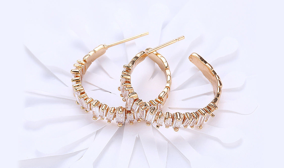 14K Gold Plating Emerald Cut Asymmetrical Elements Earrings