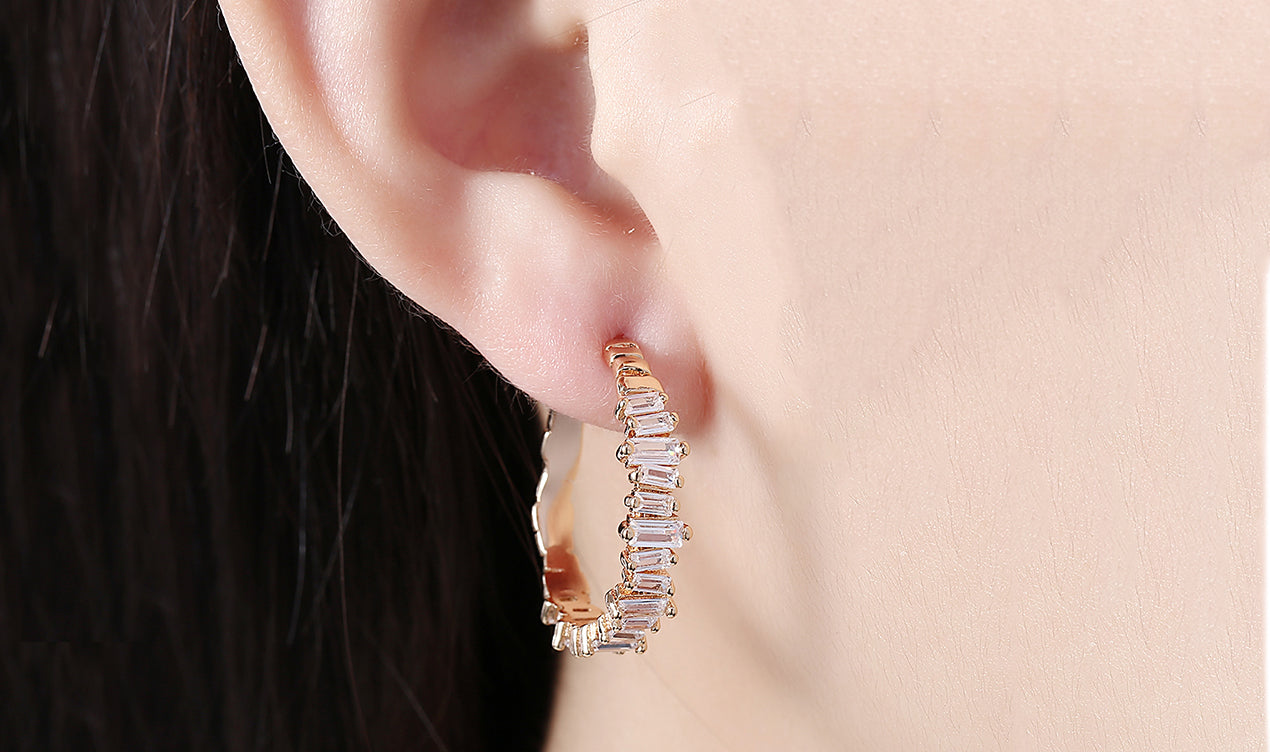 14K Gold Plating Emerald Cut Asymmetrical Elements Earrings