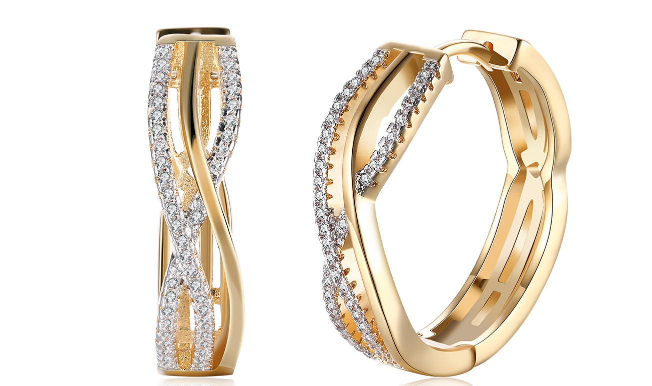 14K Gold Plating White Austrian Elements Twisted Abstract Clip On Earrings