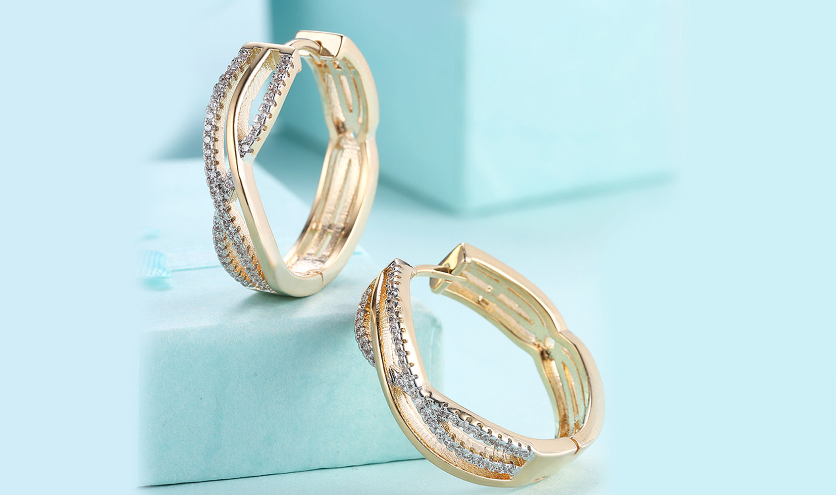 14K Gold Plating White Austrian Elements Twisted Abstract Clip On Earrings