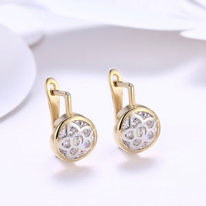 Floral Inprint Circular Leverback Earrings Set in 18K Gold - Golden NYC Jewelry