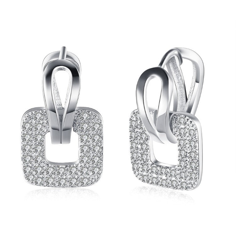 Micro-Pav'e Austrian Crystal Square Shaped Earrings Set in 18K White Gold - Golden NYC Jewelry