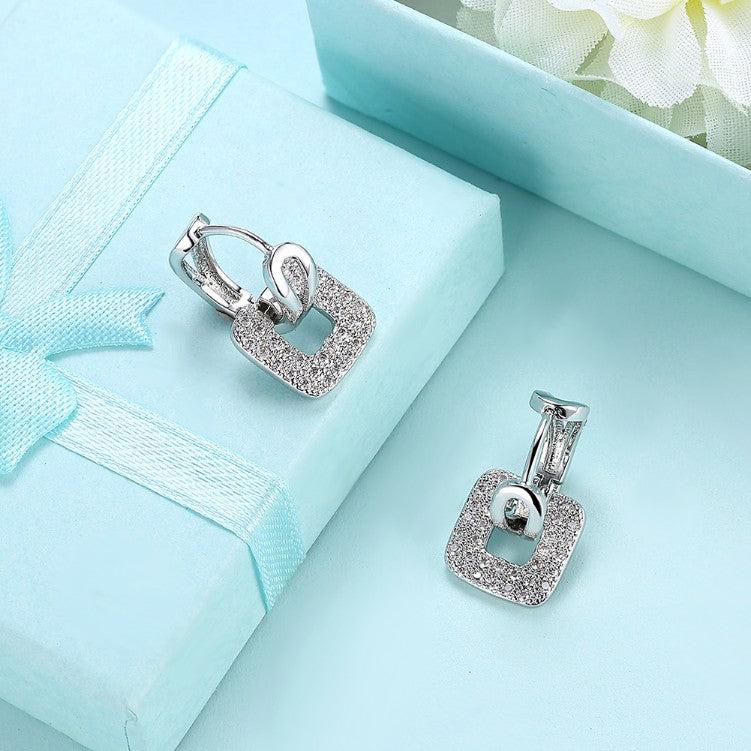 Micro-Pav'e Austrian Crystal Square Shaped Earrings Set in 18K White Gold - Golden NYC Jewelry