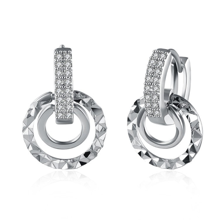 Swarovski Crystal Hammered Design Circular Earrings Set in 18K White Gold - Golden NYC Jewelry
