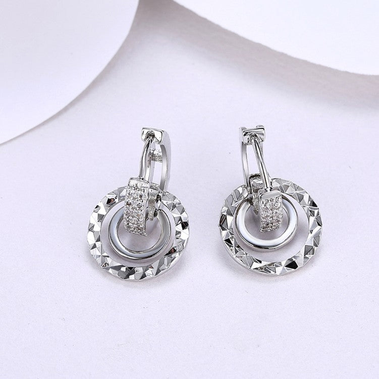 Swarovski Crystal Hammered Design Circular Earrings Set in 18K White Gold - Golden NYC Jewelry