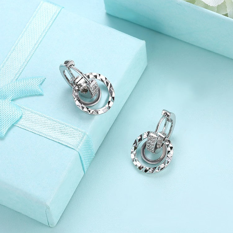 Swarovski Crystal Hammered Design Circular Earrings Set in 18K White Gold - Golden NYC Jewelry