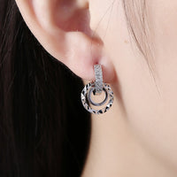 Swarovski Crystal Hammered Design Circular Earrings Set in 18K White Gold - Golden NYC Jewelry