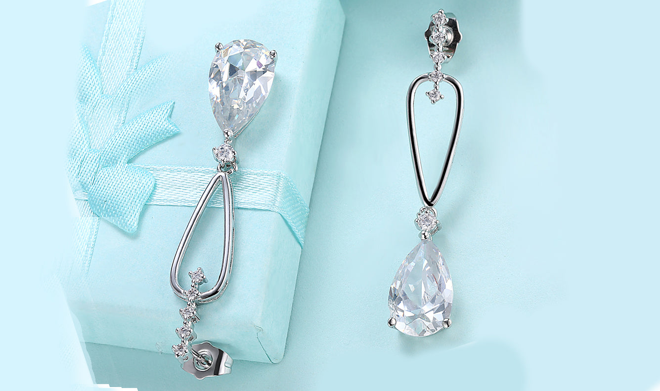 14K White Gold Plating Dangling White Austrian Pear Cut Earrings