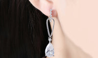 14K White Gold Plating Dangling White Austrian Pear Cut Earrings