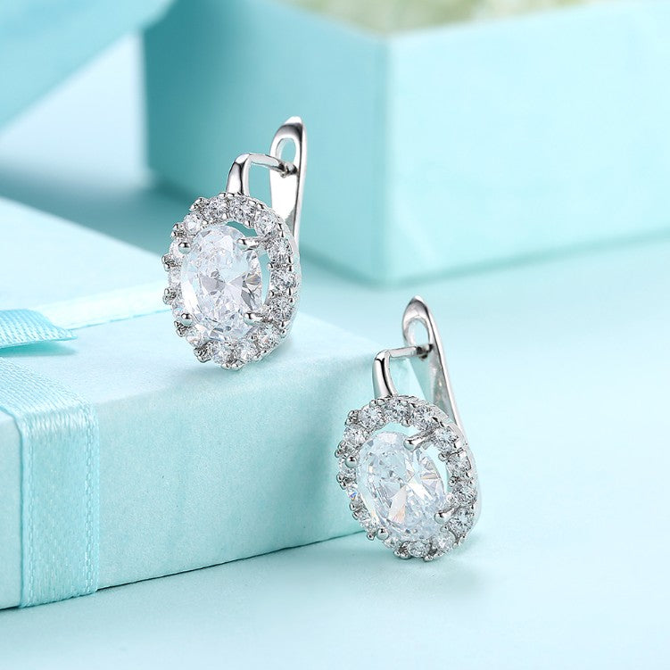 Swarovski Crystal Circular Leverback Earrings Set in 18K White Gold - Golden NYC Jewelry