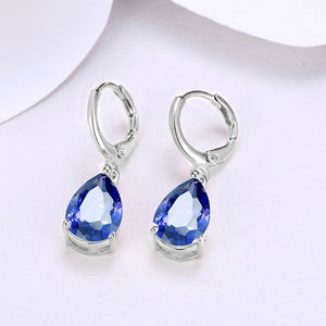 5.55 CTTW Sapphire Pear Shaped Drop Earrings Set in 18K White Gold - Golden NYC Jewelry