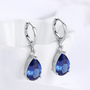 5.55 CTTW Sapphire Pear Shaped Drop Earrings Set in 18K White Gold - Golden NYC Jewelry